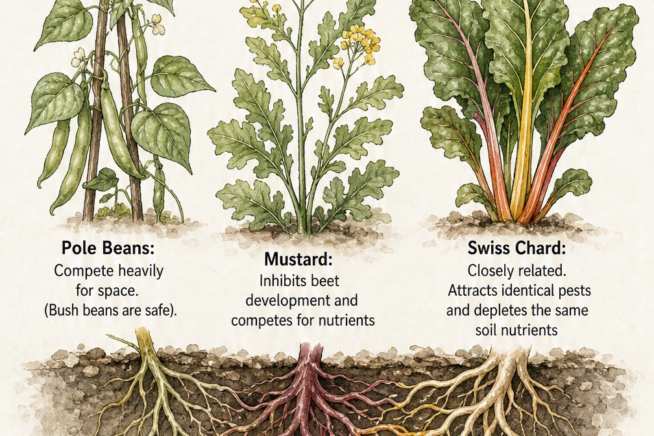Botanical illustration showing pole beans, mustard, and Swiss chard competing with beet roots underground.