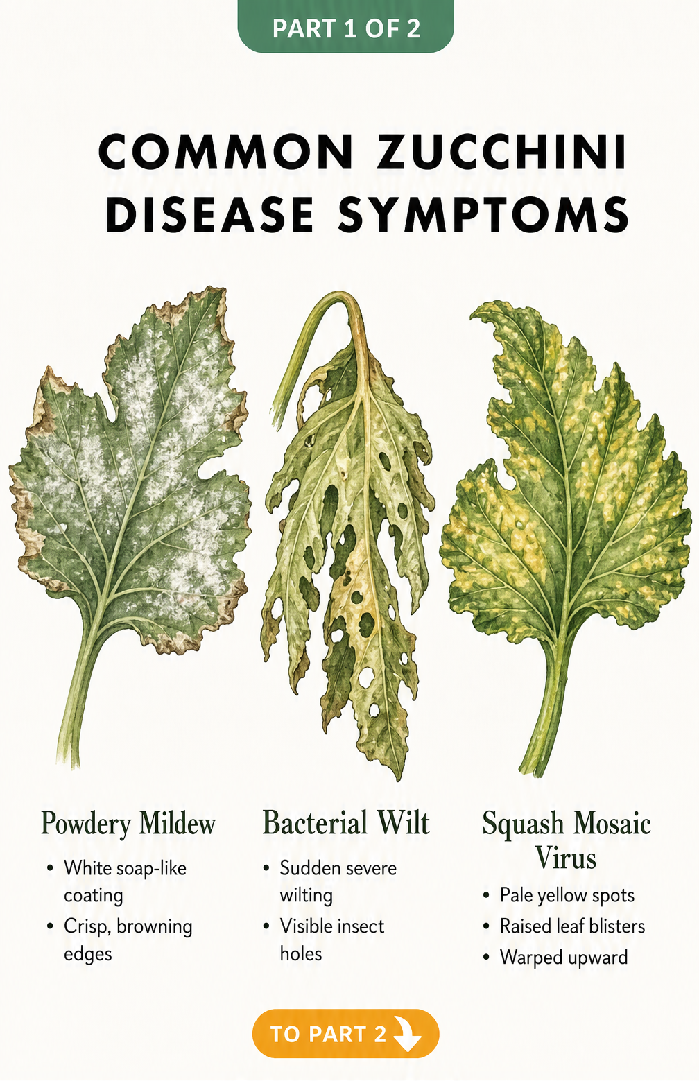 Botanical illustration showing zucchini leaves with symptoms of powdery mildew, bacterial wilt, and squash mosaic virus.