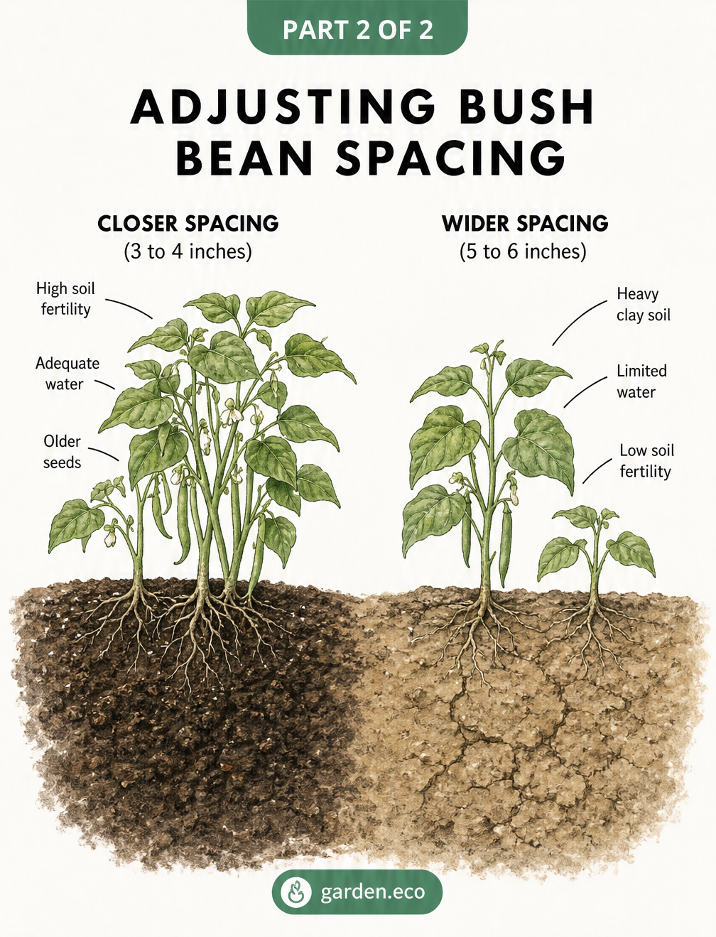 Cross-section of garden soil comparing closer bush bean spacing in loose soil versus wider spacing in heavy clay soil.
