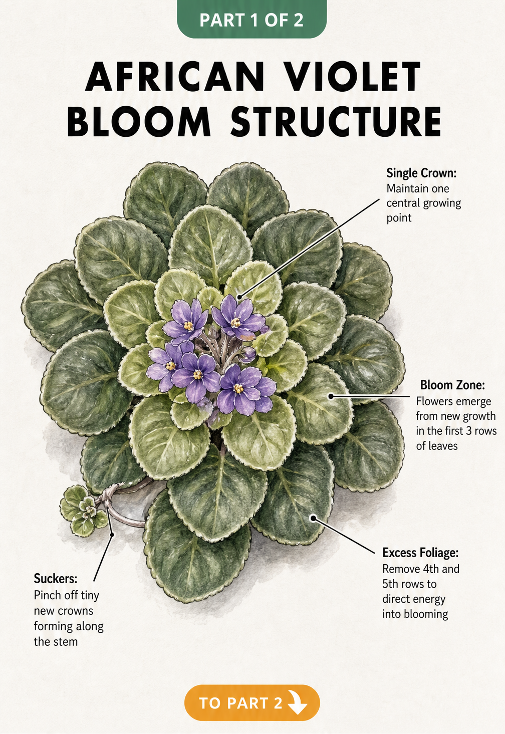 Botanical illustration of an African violet showing the single crown, bloom zone, and suckers to remove for better blooming.