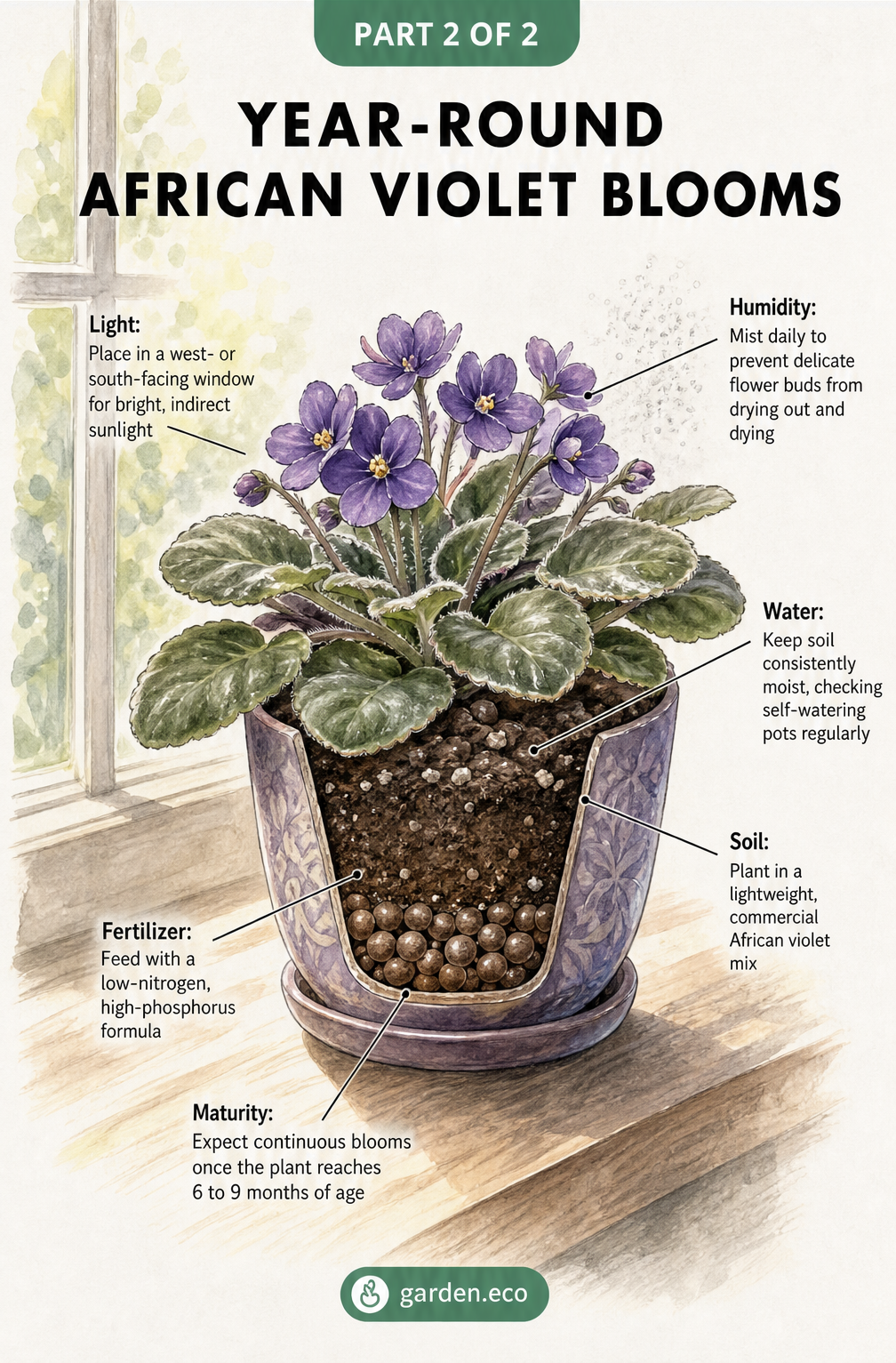 Illustration of a blooming African violet in a pot on a windowsill, highlighting light, humidity, water, soil, and fertilizer needs.