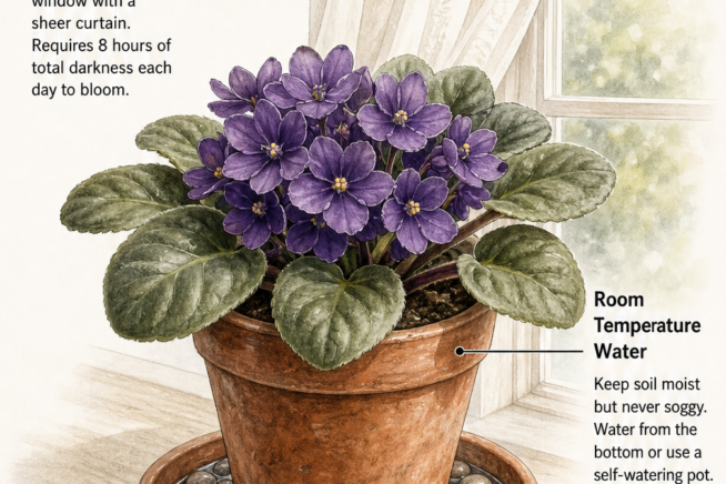 Botanical illustration of an African violet in a terracotta pot showing ideal light, water, and humidity conditions.