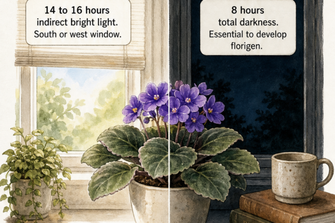 Illustration of an African violet on a windowsill showing the ideal day and night light cycle for blooming.