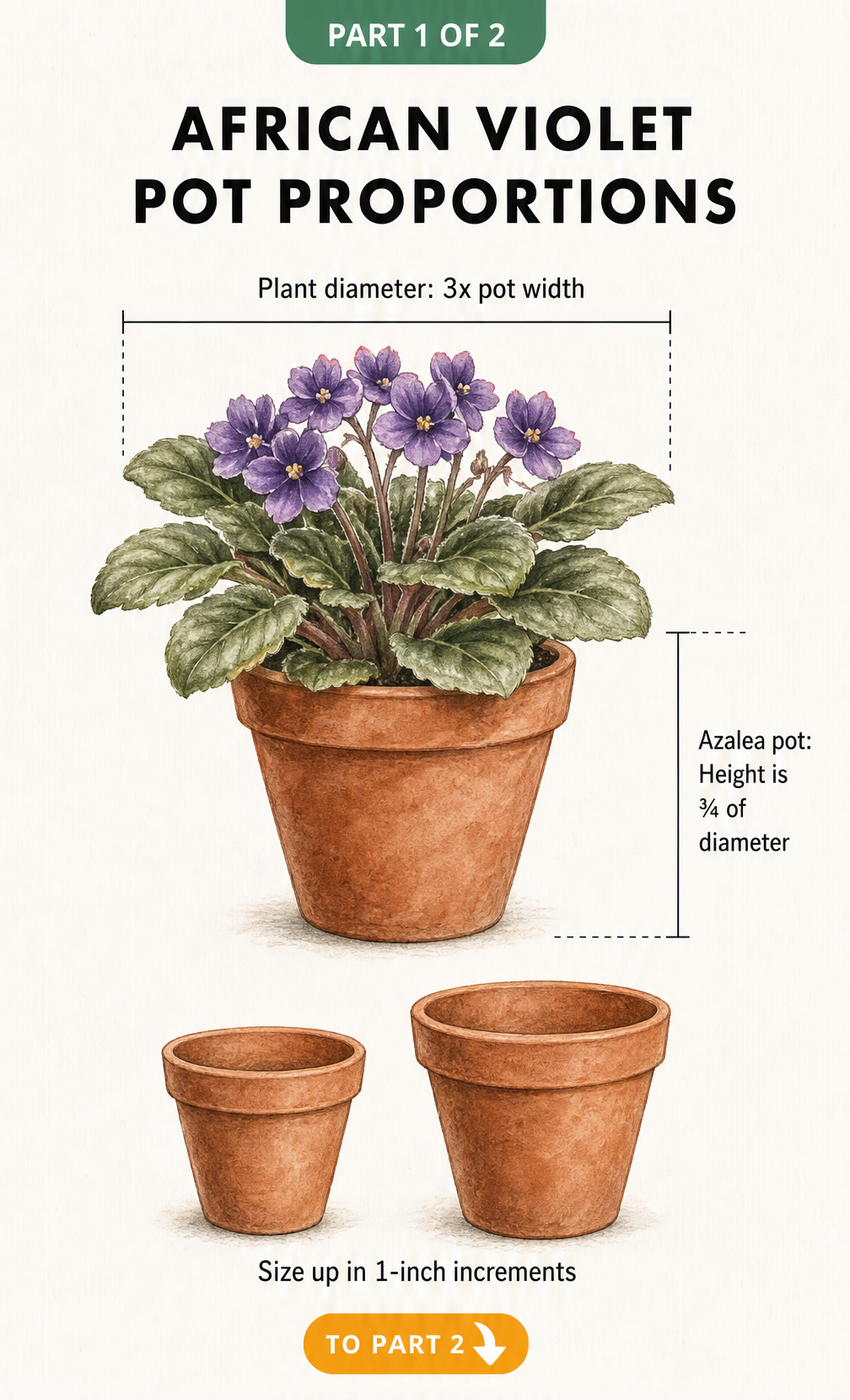 Illustration showing African violet pot proportions, with plant diameter three times the pot width and azalea pot height three-quarters of its diameter.