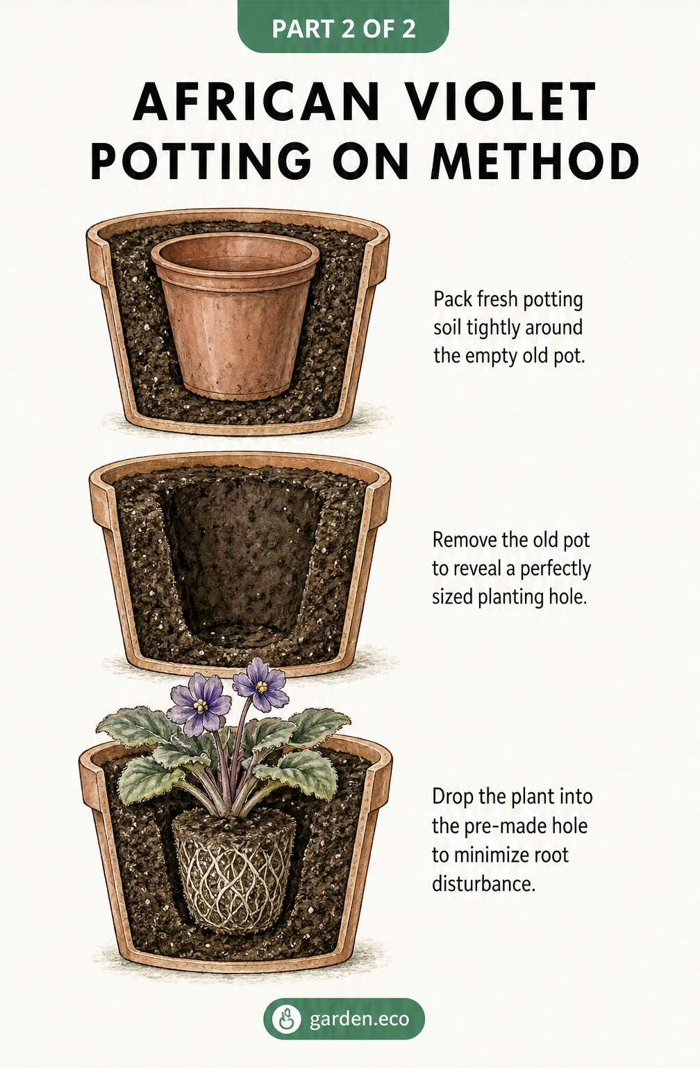 Three-step illustration showing how to pot on an African violet by packing fresh soil around the old pot to create a perfectly sized planting hole.