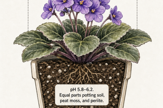 Botanical illustration of an African violet in a pot showing the ideal soil mix, pot size ratio, and a pebble tray for humidity.
