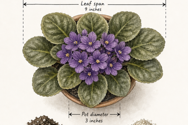 Top-down illustration of an African violet demonstrating the 3-to-1 pot size rule, ideal soil mix, and fertilizer needs.