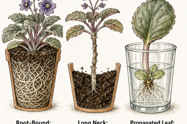 Cross-section illustrations showing three signs an African violet needs transplanting: root-bound roots, a long bare neck, and a propagated leaf with new roots.