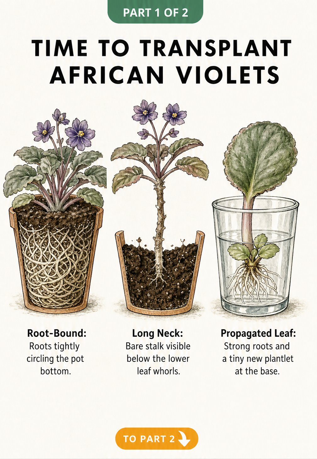 Cross-section illustrations showing three signs an African violet needs transplanting: root-bound roots, a long bare neck, and a propagated leaf with new roots.