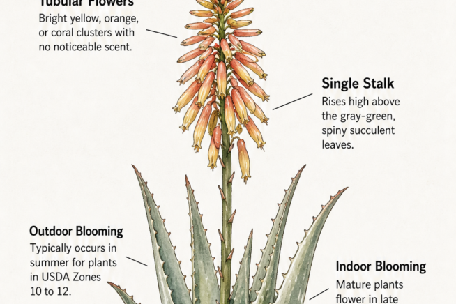 Botanical illustration of a mature aloe vera plant showing a tall single stalk with bright yellow and orange tubular flowers.