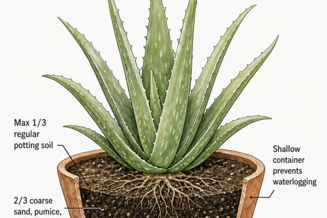 Botanical cross-section illustration showing an aloe vera plant in a shallow terracotta pot with a well-draining soil mix.