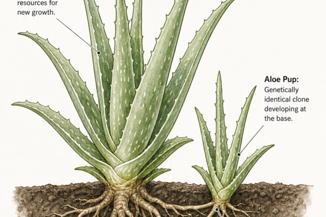 Botanical illustration showing an aloe vera mother plant and a pup sharing a root system underground.