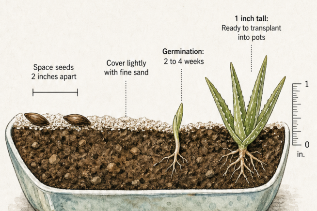 Cross-section illustration of aloe vera seeds planted in a shallow tray, showing spacing, sand cover, and growth stages up to one inch tall.