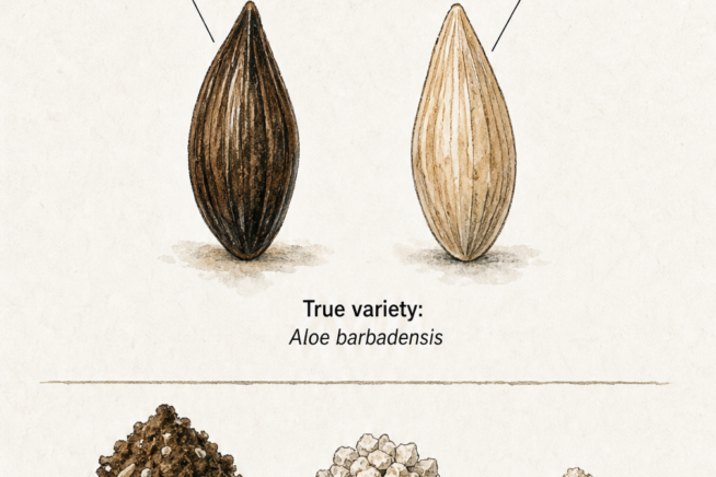 Illustration comparing dark and light aloe vera seeds and showing the ideal soil mix of potting soil, pumice, and coarse sand.
