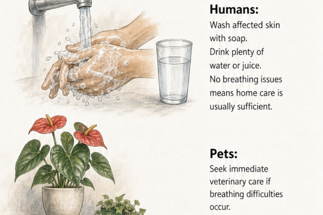 Illustration showing how to treat anthurium exposure by washing hands and keeping plants out of reach of pets