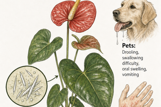 Botanical illustration of anthurium showing calcium oxalate crystals and poisoning symptoms in pets and humans