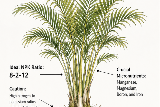 Botanical illustration of an areca palm showing essential macronutrients and micronutrients for healthy growth.
