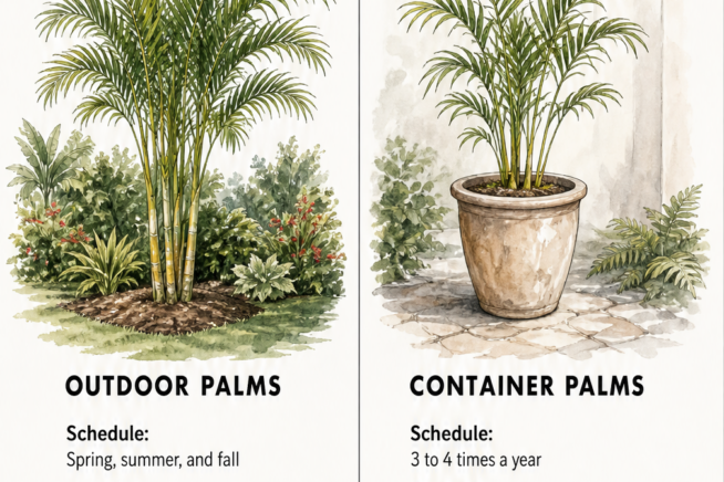 Illustration comparing outdoor and container areca palms with specific fertilizer schedules and amounts.