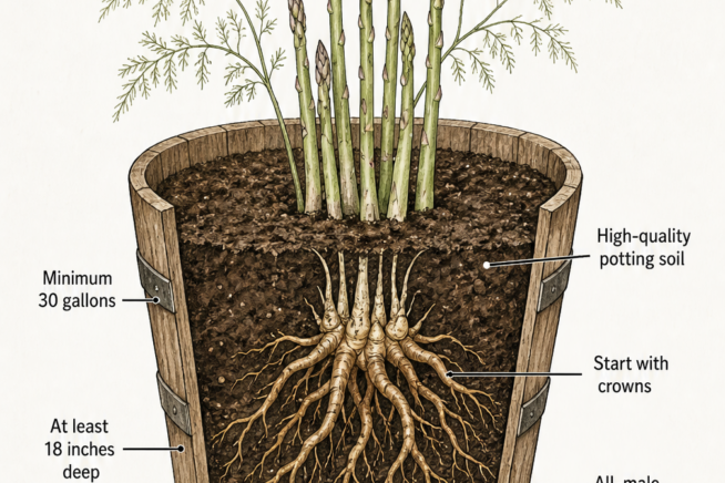 Botanical cross-section illustration showing how to set up a large container for growing asparagus, including drainage holes, potting soil, and crown placement.