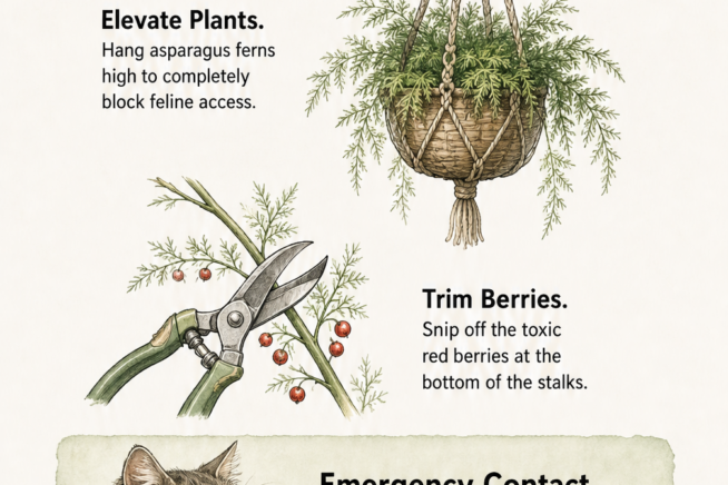 Three illustrations showing how to keep cats safe from asparagus ferns by hanging plants in macrame, trimming toxic red berries, and calling the ASPCA poison...