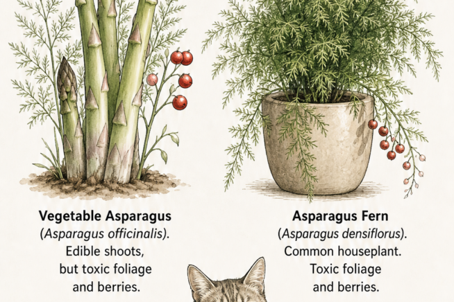 Botanical illustration comparing vegetable asparagus and asparagus fern, highlighting toxic red berries and listing feline symptoms like vomiting and skin rash.