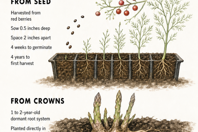Illustration showing two methods of asparagus propagation: growing from seeds in potting soil versus planting a dormant root crown directly in the garden bed.