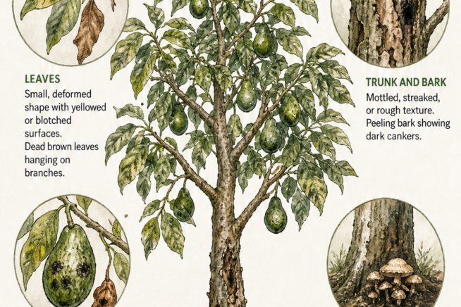 Detailed botanical illustration showing common avocado tree disease symptoms on leaves, bark, fruit, and the trunk base.