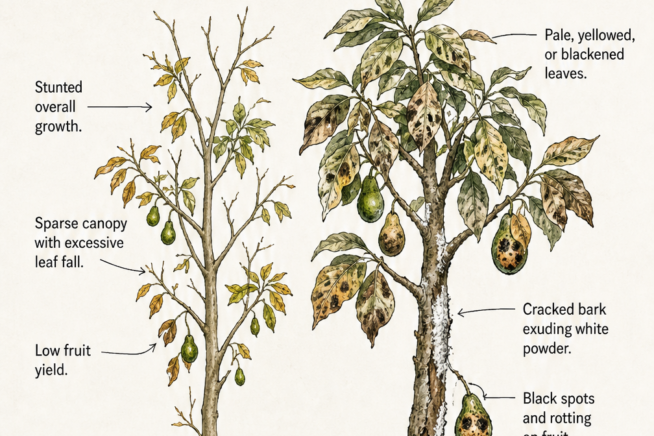Botanical illustration comparing an avocado tree suffering from environmental stress with one infected by a disease.