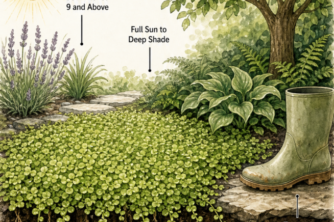 Illustration showing baby tears ground cover growing in moist soil from full sun to deep shade, with a boot indicating zero foot traffic.