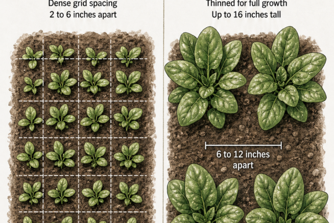 Top-down illustration comparing dense grid spacing for baby spinach and thinned spacing for mature spinach plants.