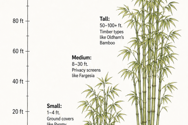 Illustration showing the mature heights of small, medium, and tall bamboo varieties compared to a 6-foot person
