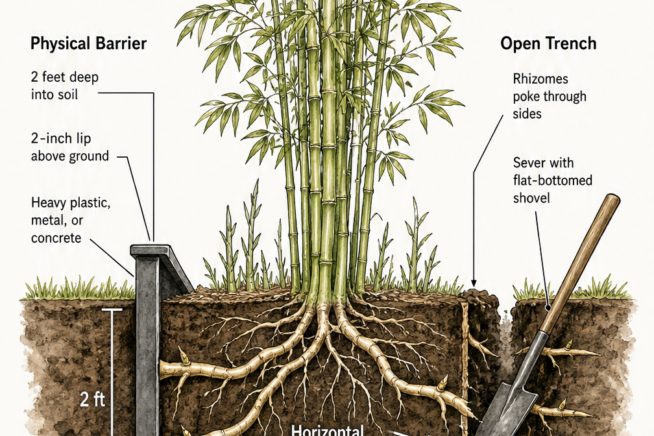 Illustration showing how to manage bamboo root spread using a physical barrier or an open trench.
