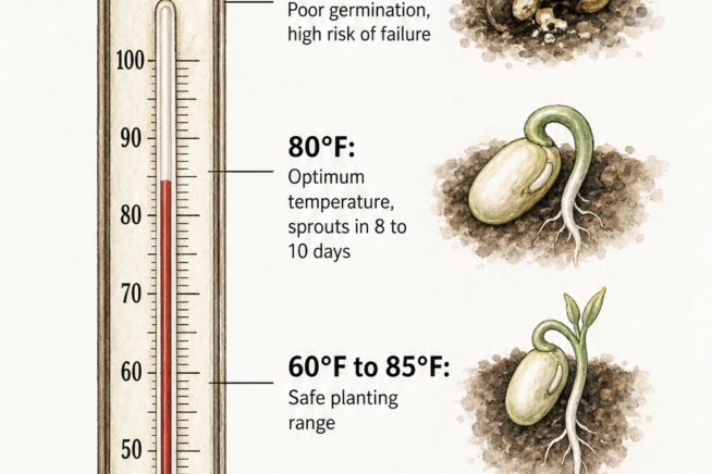 Botanical illustration showing bean germination rates at different soil temperatures from below 60 to 95 degrees Fahrenheit.