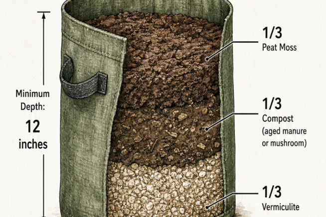 Illustration of a fabric grow bag showing the ideal soil mix of peat moss, compost, and vermiculite for growing beans.