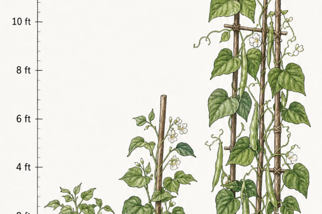 Botanical illustration comparing bush beans, half runner beans, and pole beans with their respective heights and staking needs.