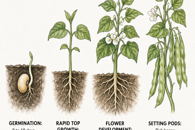 Chronological illustration showing the growth stages of a bean plant from seed germination to a mature plant with harvest-ready pods.