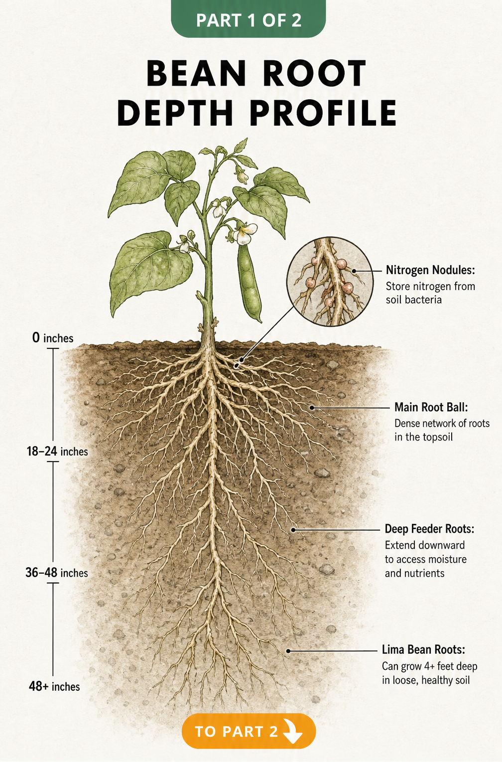 Botanical cross-section showing the deep root system of a bean plant, including the main root ball, deep feeder roots, and nitrogen nodules.