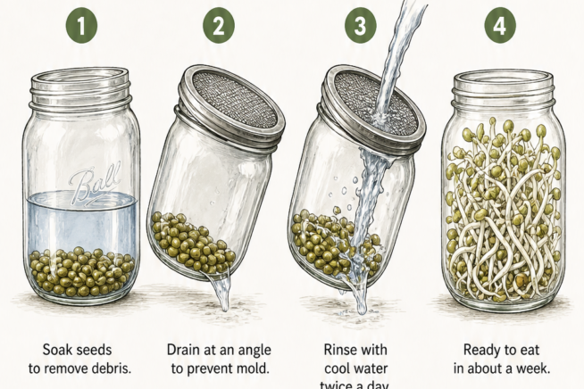 Illustration showing the difference between bean sprouts grown in the dark versus those exposed to light.