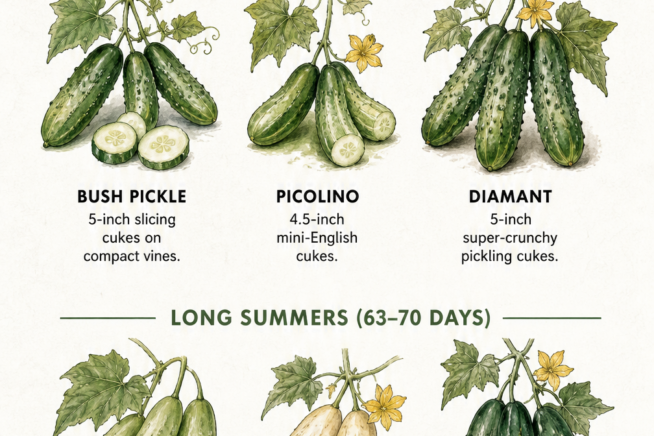 Watercolor illustrations of cucumber varieties for short and long summer climates