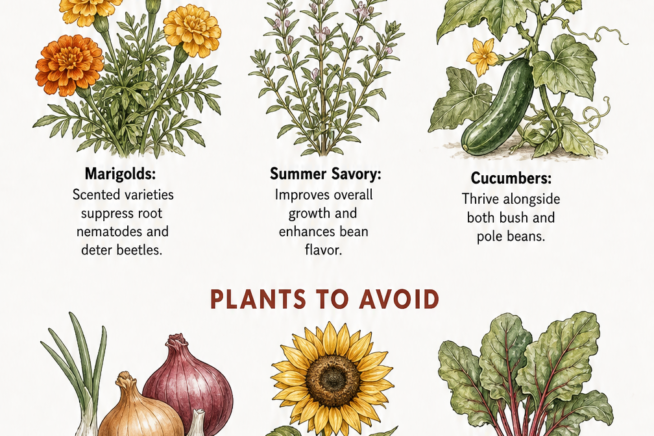 Chart showing the best and worst companion plants for beans, including marigolds, cucumbers, onions, and sunflowers