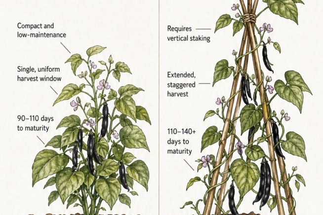 Botanical illustration comparing compact bush black bean plants with tall pole black bean varieties on a bamboo teepee, showing days to maturity and spacing.