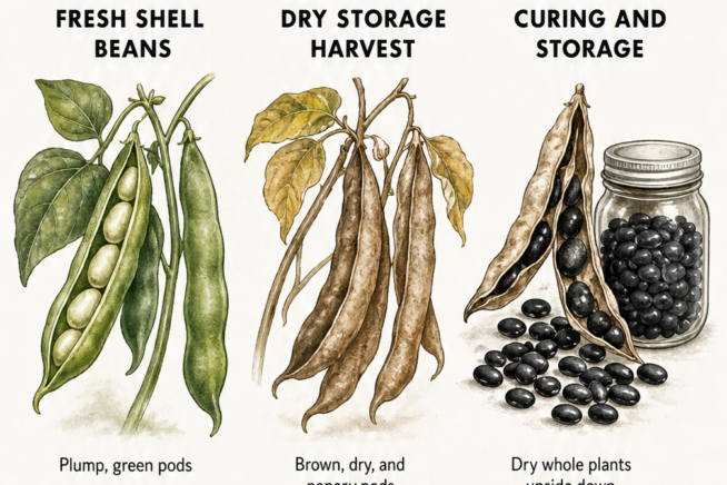 Botanical illustration showing three harvest stages of black beans: fresh green pods, dry brown papery pods, and fully cured black beans ready for storage.