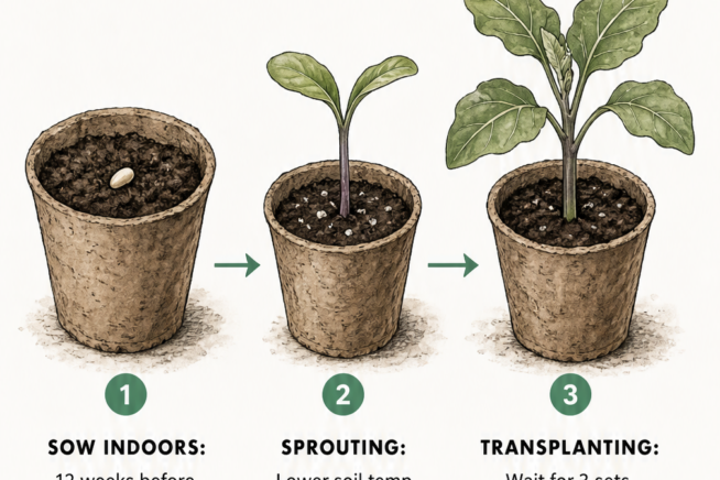 Illustrated timeline showing three stages of growing Black Beauty eggplant from seed to seedling