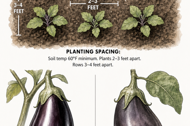 Illustration showing proper garden spacing for Black Beauty eggplants and a comparison of ripe versus overripe fruit