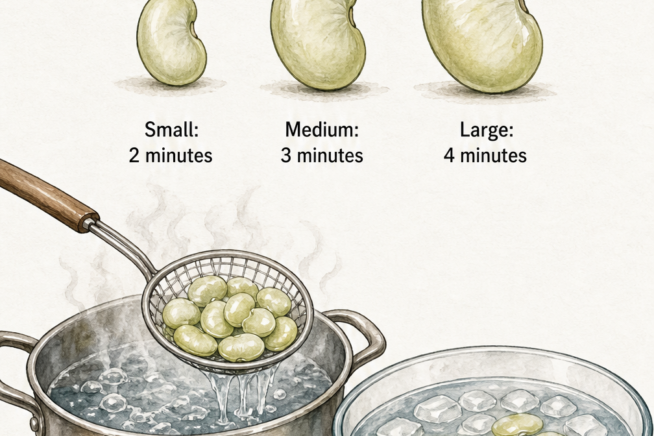 Illustration showing how to sort and blanch lima beans by size before freezing
