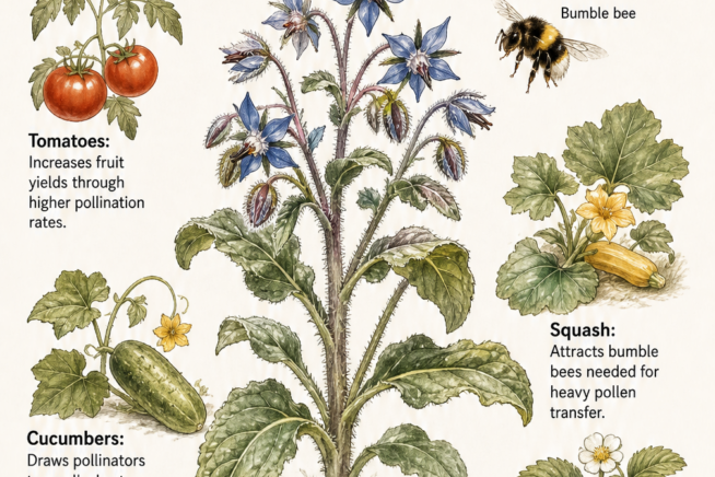 Botanical illustration of a borage plant with bees and companion plants like tomatoes, cucumbers, squash, and strawberries.