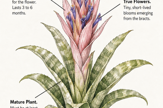Botanical illustration of a blooming bromeliad showing the colorful bracts, true flowers, mature plant cup, and new pups at the base.