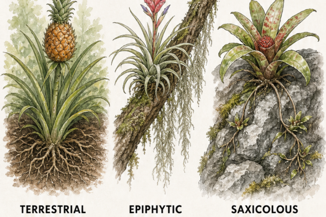 Illustrations showing terrestrial, epiphytic, and saxicolous bromeliad growth habits in soil, on tree branches, and on rocks.