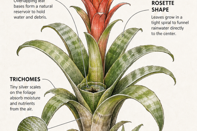 Botanical illustration of a bromeliad showing its central tank, rosette shape, trichomes, pups, and shallow roots.