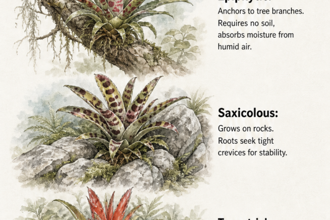 Illustration showing epiphytic, saxicolous, and terrestrial bromeliads in their natural rooting environments